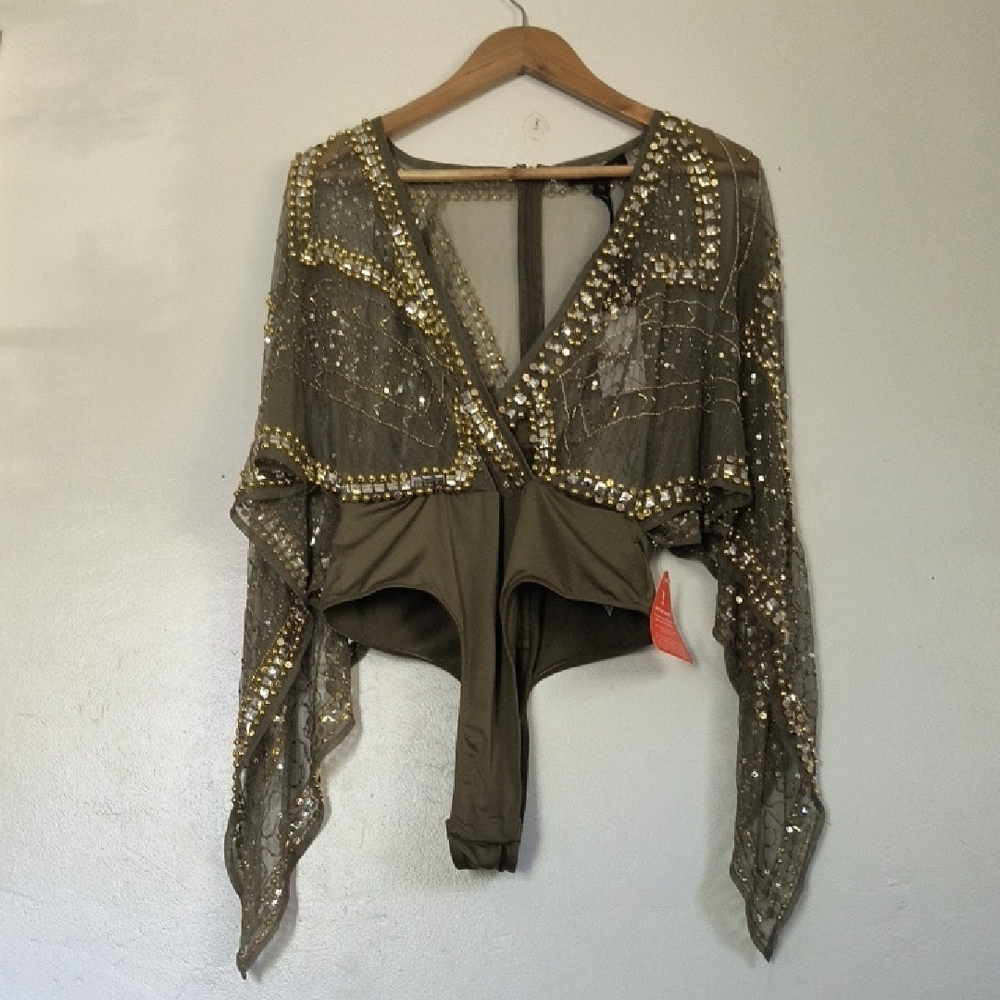 NWT Starlet Green Gold Savanna Cape Sleeve Wrap Bodysuit Sz US 10 Women